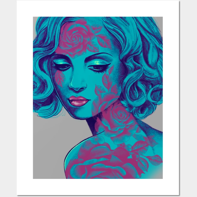 Retro Rose Girl in blue Wall Art by Huldra Tattoo